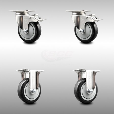 Service Caster 4 Inch 316SS Black Polyurethane Swivel Top Plate Caster Lock Brake 2 Rigid, 2PK SCC-SS316TTL20S414-PPUB-BLK-2-R-2
